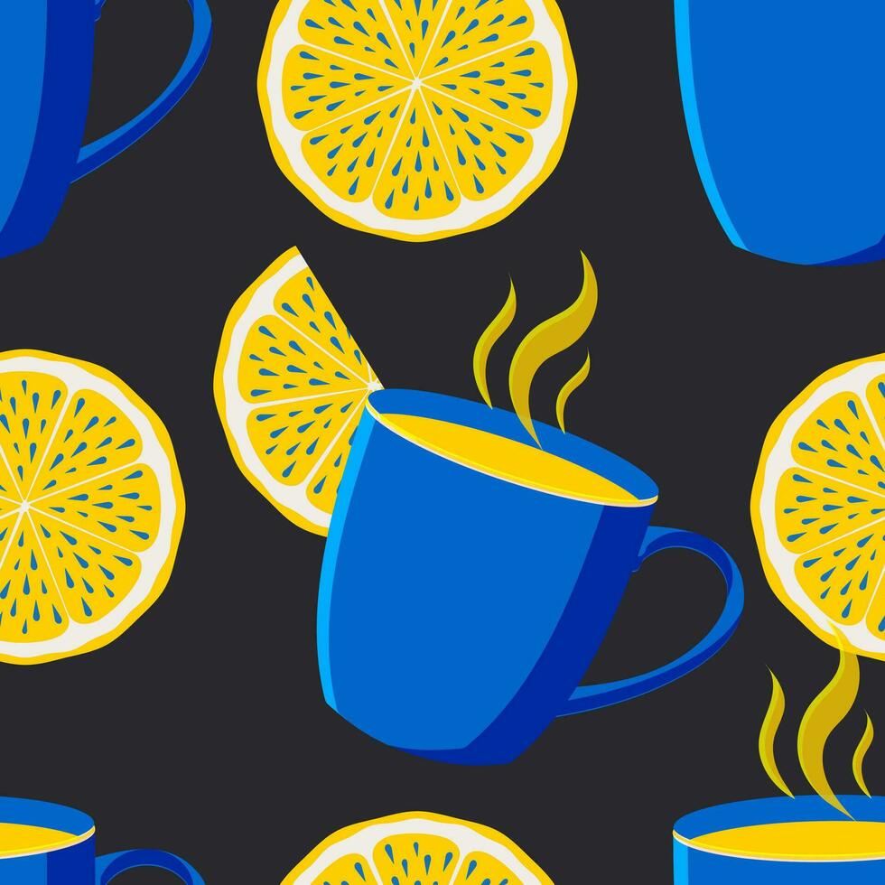 Blue cup with tea and yellow lemon slices on a black background. Seamless cute pattern for modern textile, decorative paper. Vector. vector