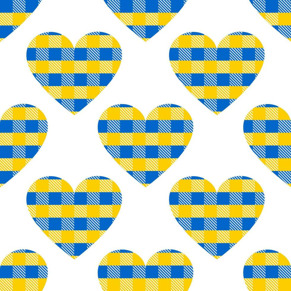 Checkered heart made from blue and yellow squares. Seamless cute pattern for modern fabrics, textiles, wrapping decorative paper. Vector. vector