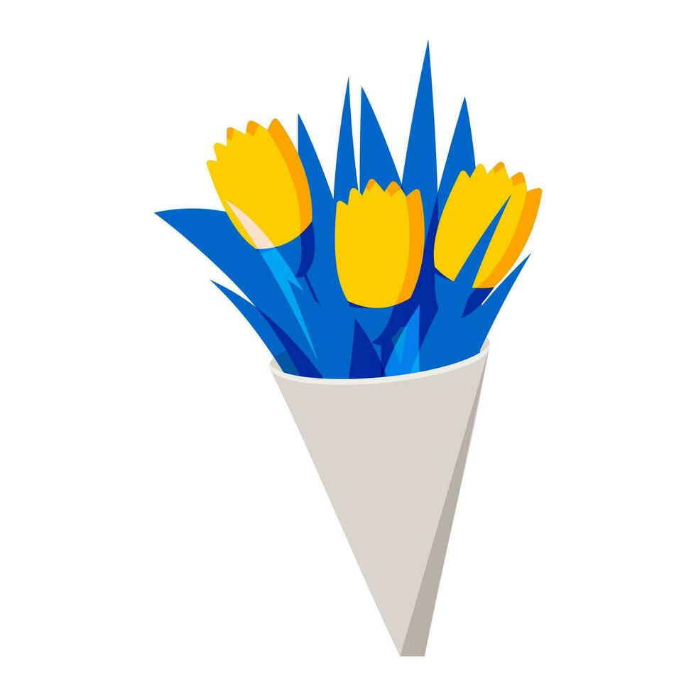 Yellow tulips in paper packaging isolated on white for postcard decoration. Congratulatory spring bouquet. Vector. vector