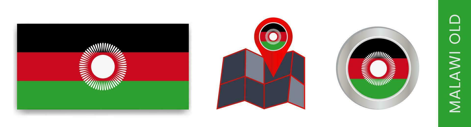 Collection of Malawi national flags isolated in official colors and map icons of Malawi with country flags. vector