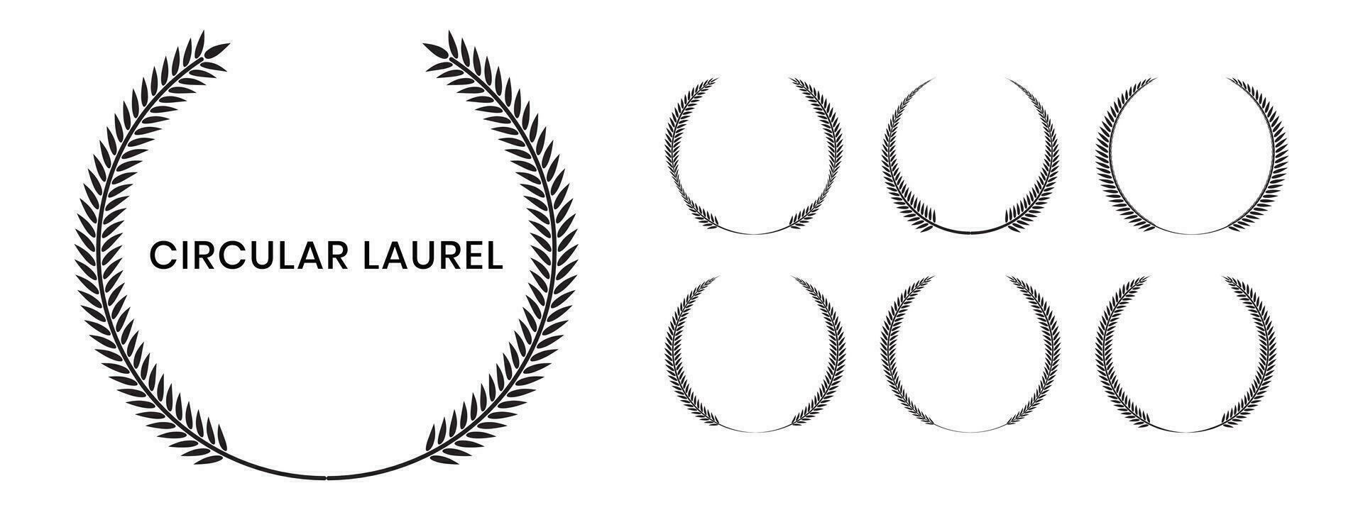 conjunto de negro silueta circular laurel foliar, trigo y roble coronas representando un otorgar, logro, heráldica, nobleza en blanco antecedentes. vector emblema.