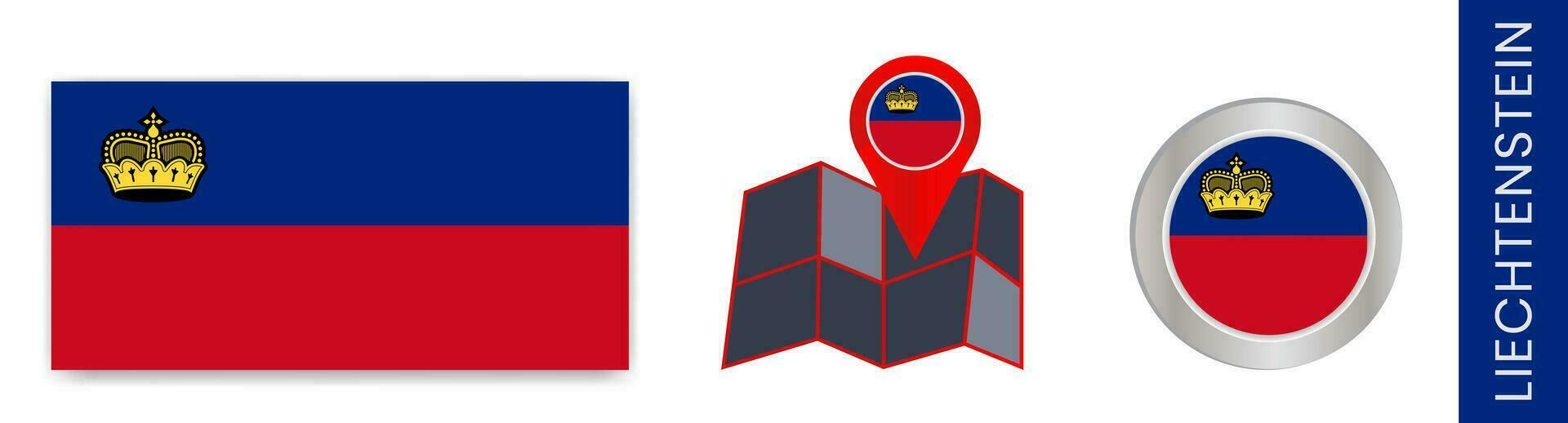 The collection of Liechtenstein's national flags is isolated in official colors and Liechtenstein map icons with country flags. vector