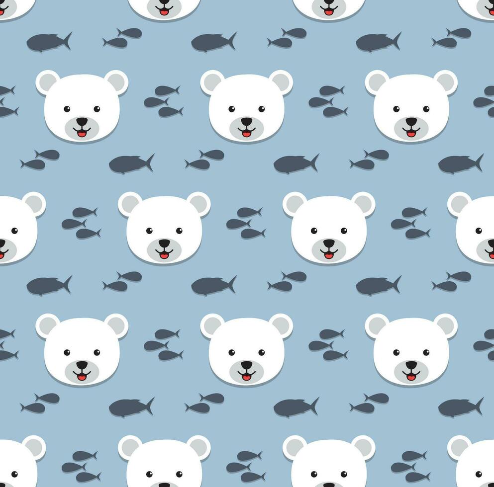 polar bear cartoon pattern and fish silhouette on pastel blue background vector