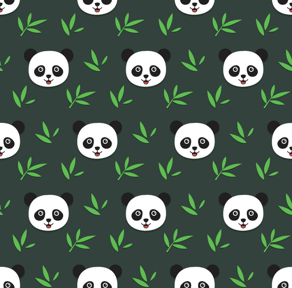 Panda bear and bamboo leaveson dark green backround. kawaii animal kids seamless pattern design for wrapping paper, fabric and textile. vector