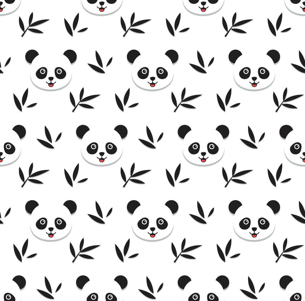 pattern of pandas and bamboo leaves in black on a white background, black and white cartoon pattern vector