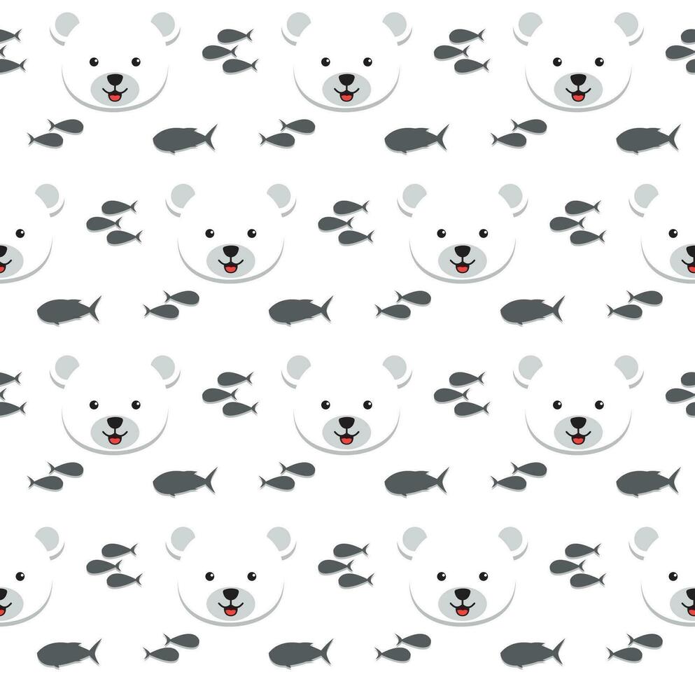 polar oso y pescado silueta en blanco antecedentes. kawaii animal niños sin costura modelo diseño para envase papel, tela y textil. vector