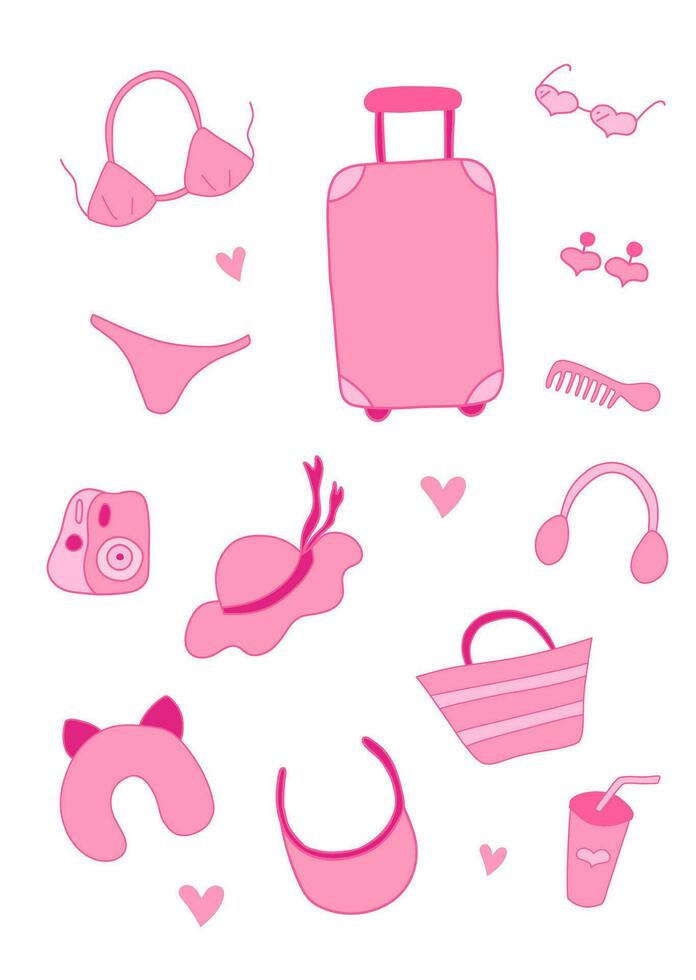 atractivo elegante de moda rosado elementos para un muchacha. traje de baño, sombrero, maleta, accesorios. nostálgico barbiecore 2000 estilo colección.vector vector