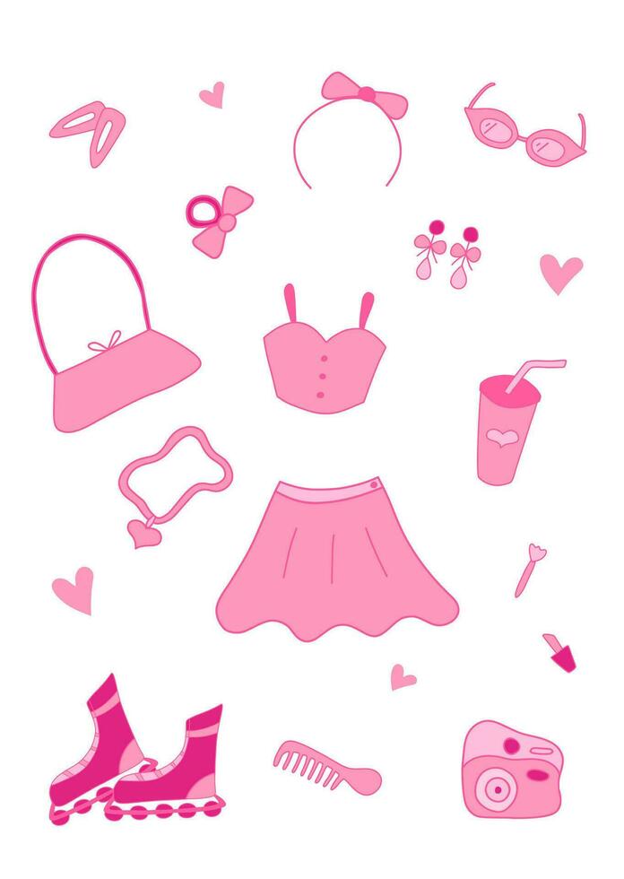 Glamorous stylish modern pink elements for a girl. Skirt, earrings, rollers, clothes, shoes, rollers, camera, glasses, bag, lipstick.Nostalgic barbiecore 2000s style collection vector