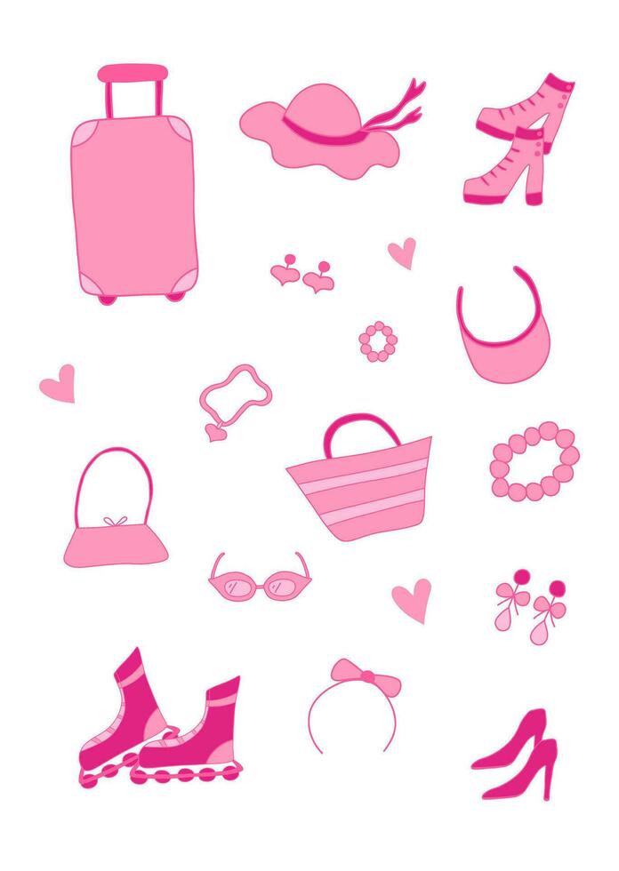 Glamorous stylish trendy pink elements for a girl. Earrings, rollers, clothes, shoes, rollers, camera, glasses, bag, lipstick.Nostalgic barbiecore 2000s style collection vector