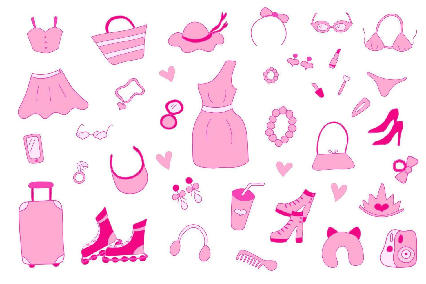atractivo de moda rosado pegatinas colocar. nostálgico barbiecore 2000 estilo colección.aislado elementos en blanco antecedentes vestido, traje de baño, teléfono, cámara, anteojos, lápiz labial, sombrero, zapatos, bolsa, rodillos vector