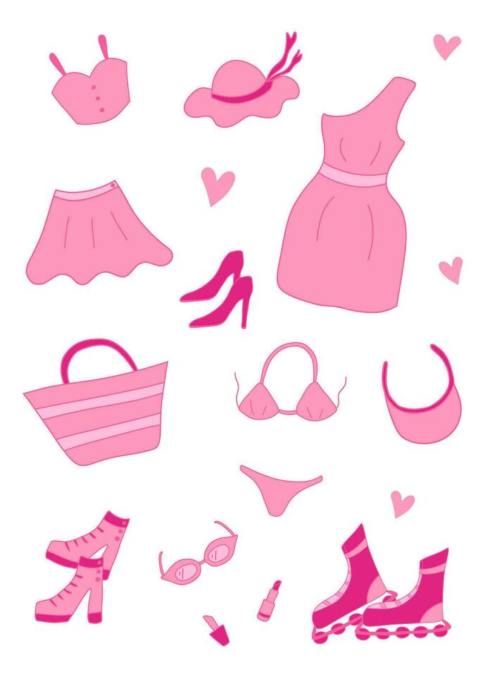 Trendy Glamorous pink elements for a girl. Dress, skirt, swimsuit, shoes, beach bag. Nostalgic barbiecore 2000s style collection vector