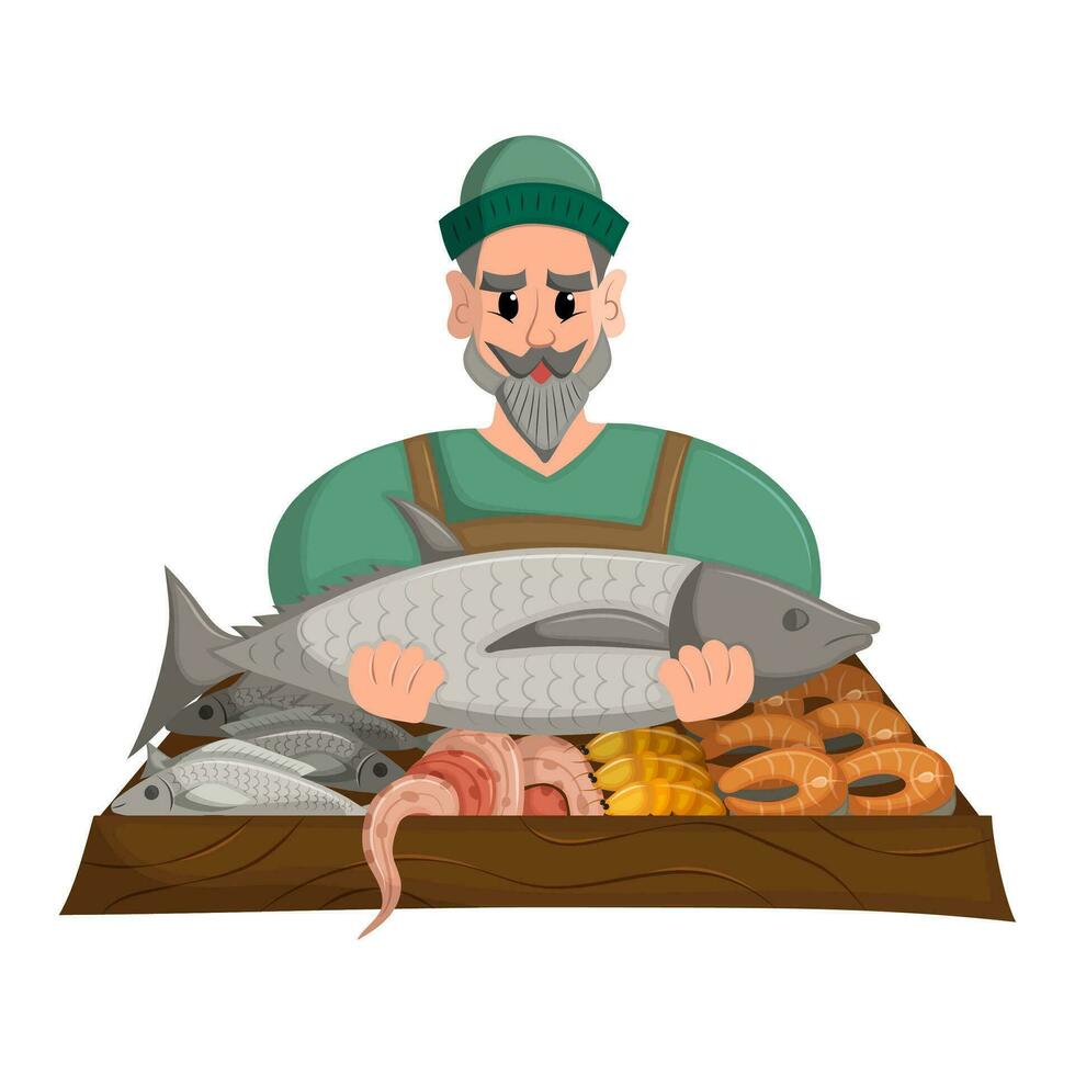 Fisherman with beard and wearing green hat sells his fresh catch of fish at the local market. Fresh organic products. Flat vector illustration.