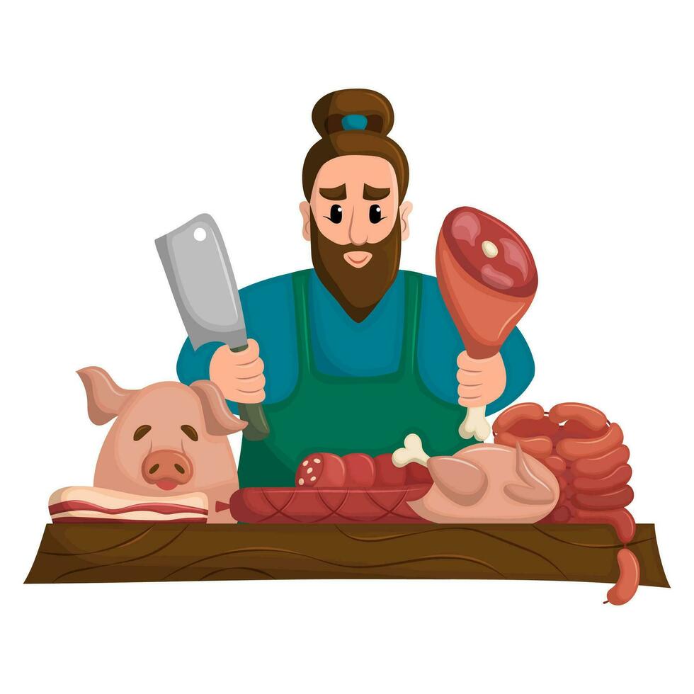 Meat vendor sells his fresh meat products at local market. Natural, home-grown meat. Flat vector illustration.