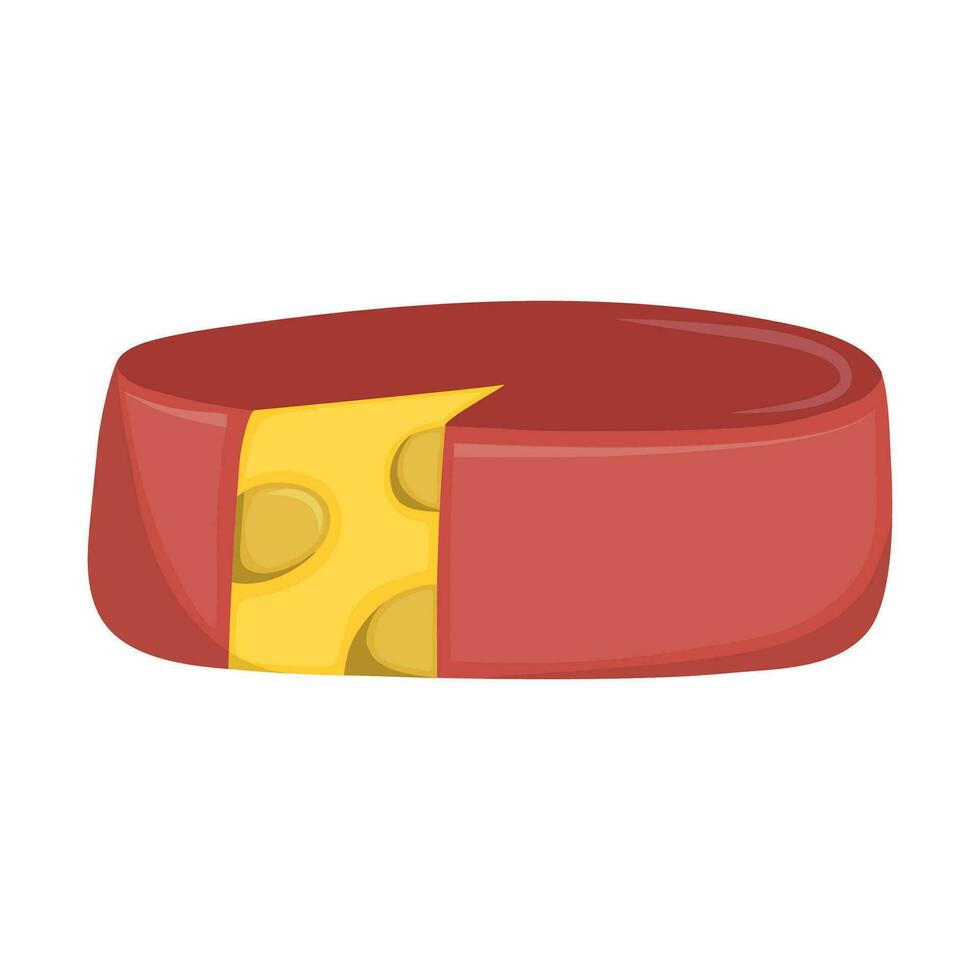 Round cheese in red casing. Cheese with large holes in it. Flat vector illustration isolated on white background.