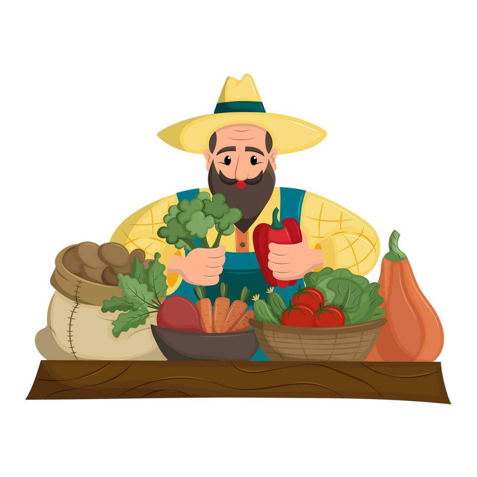 Cheerful farmer in straw hat sells fresh vegetables grown in his vegetable garden. Ecologically clean, natural products. Flat vector illustration.
