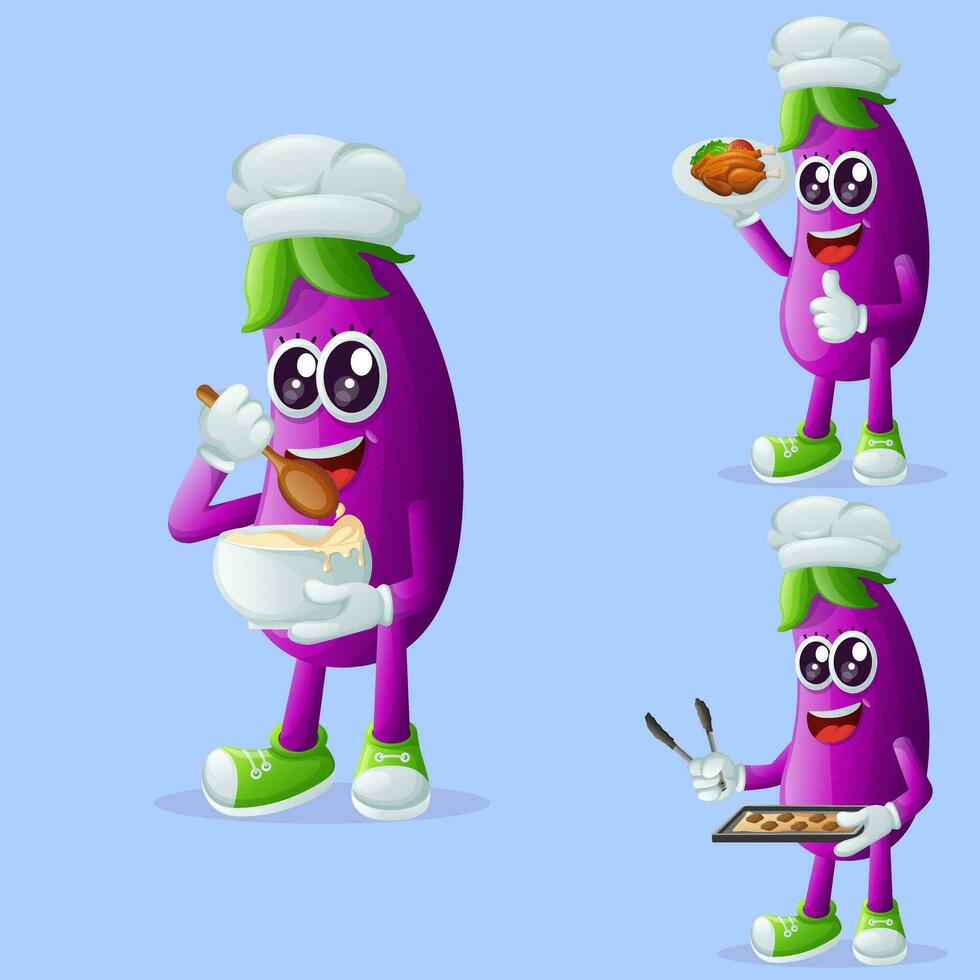 Cute eggplant character in the kitchen vector