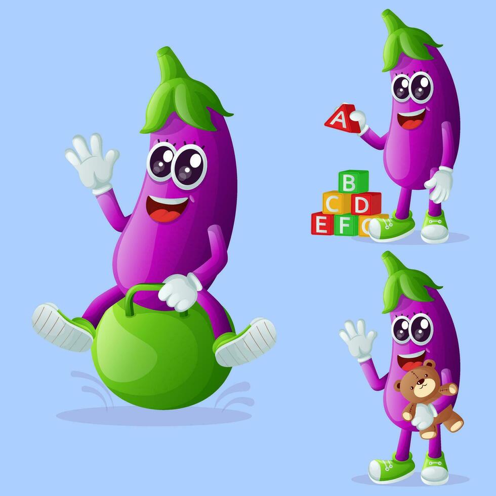 Cute eggplant characters playing with kid toys vector