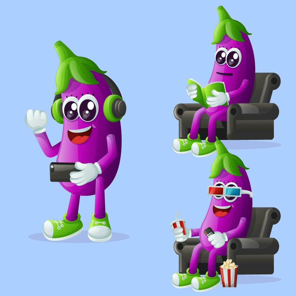 Cute eggplant characters enjoying leisure activities vector