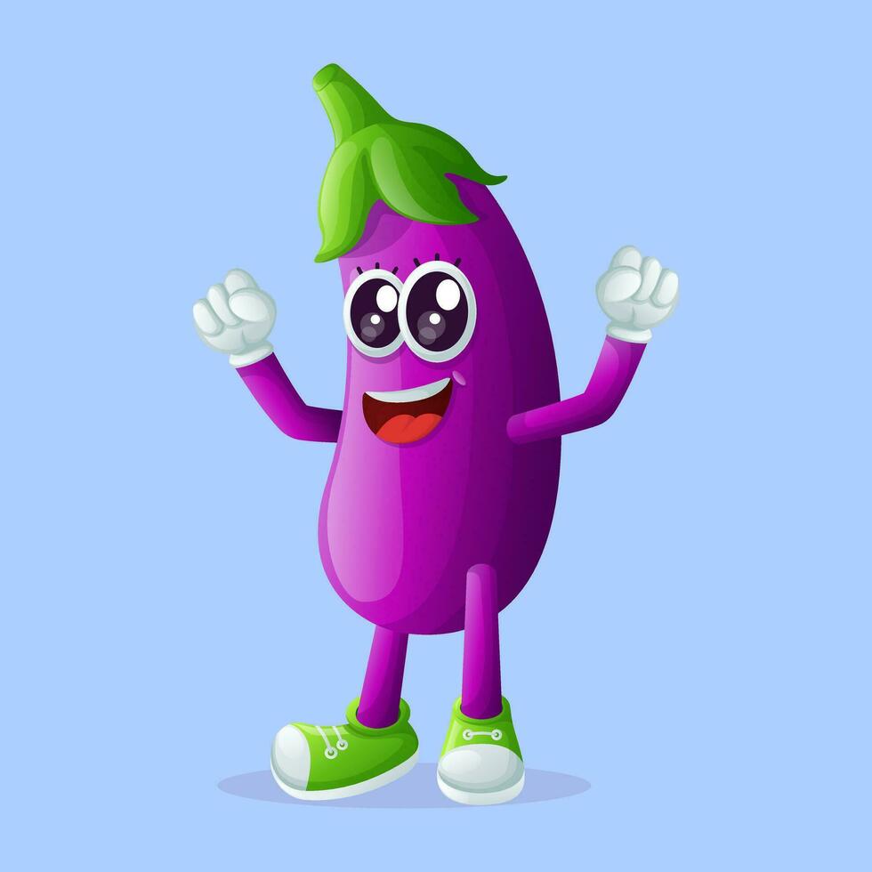 Cute eggplant character making a victory sign with his hand vector