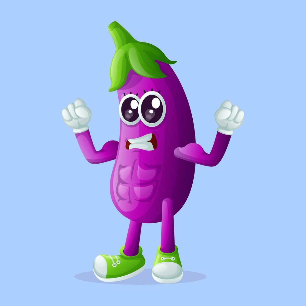 Cute eggplant character showing off his muscles vector