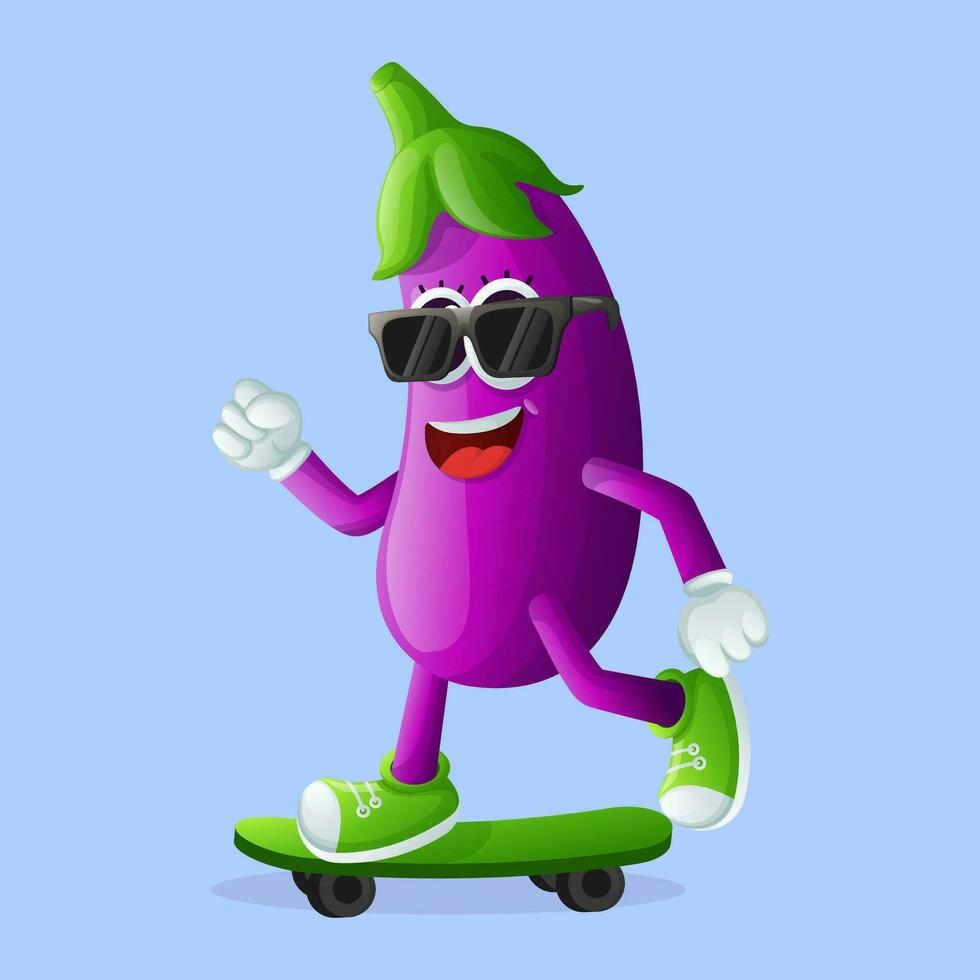 Cute eggplant character skateboarding vector