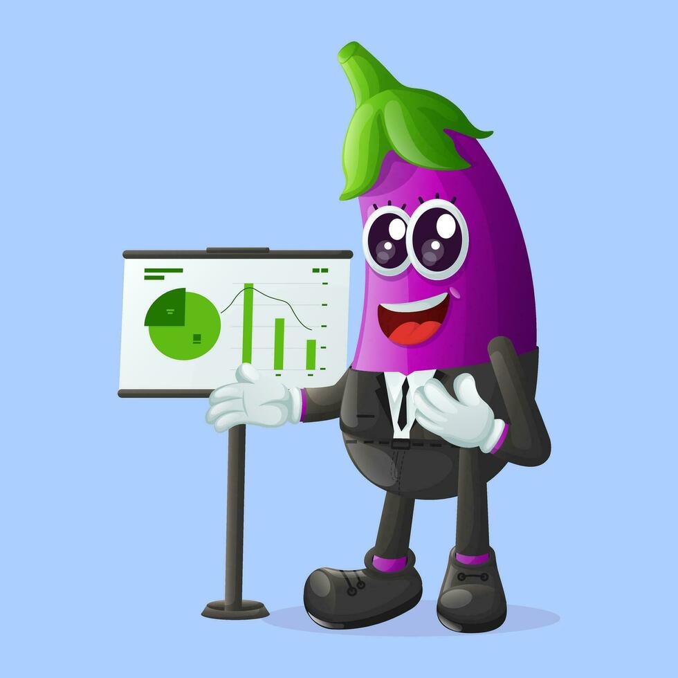 Cute eggplant character presenting financial reports vector