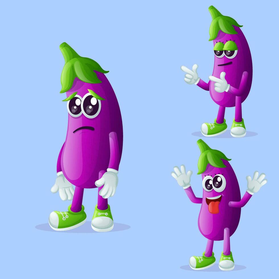 Cute eggplant characters with different facial expressions vector