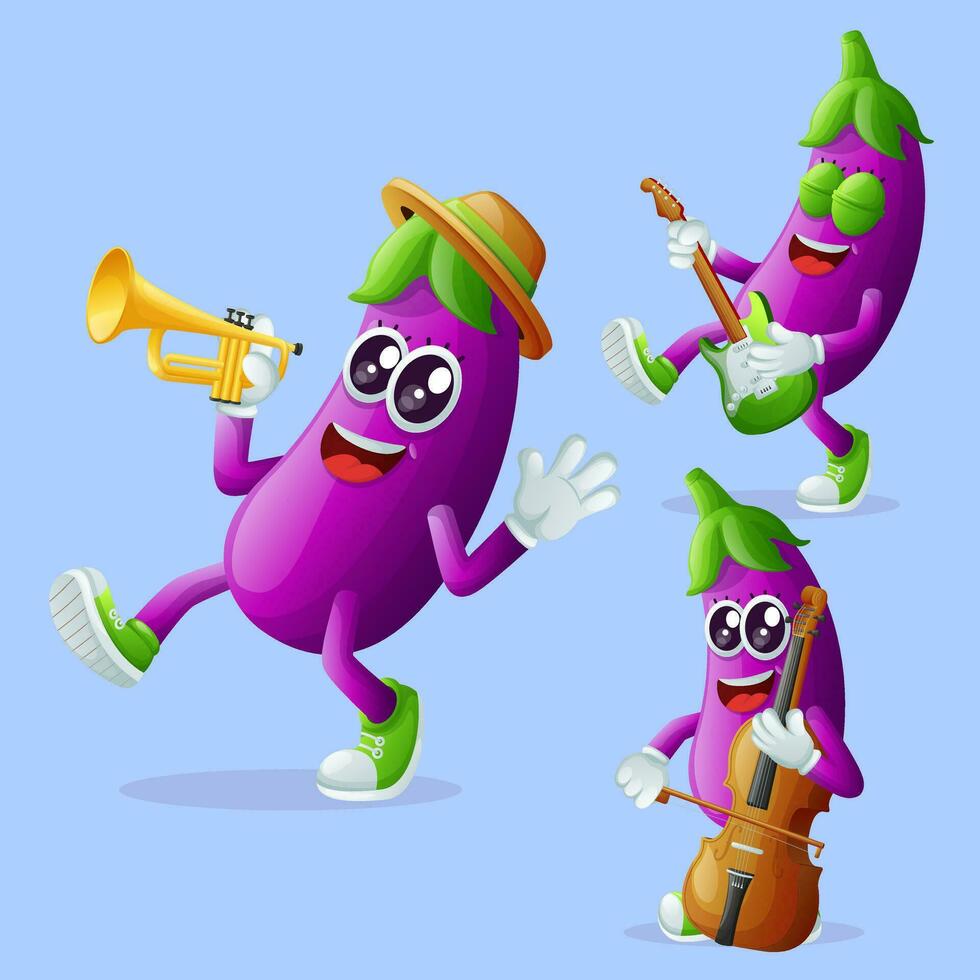 Cute eggplant characters playing musical instruments vector