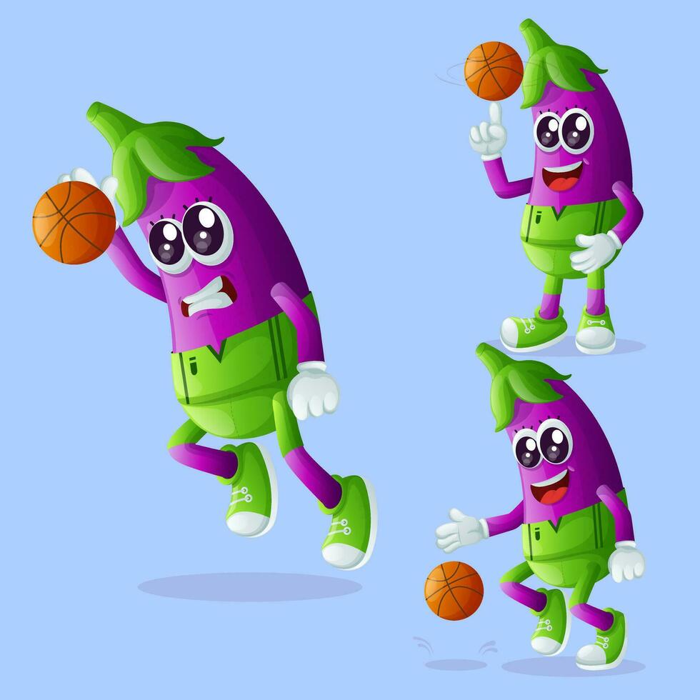 linda berenjena caracteres jugando baloncesto vector