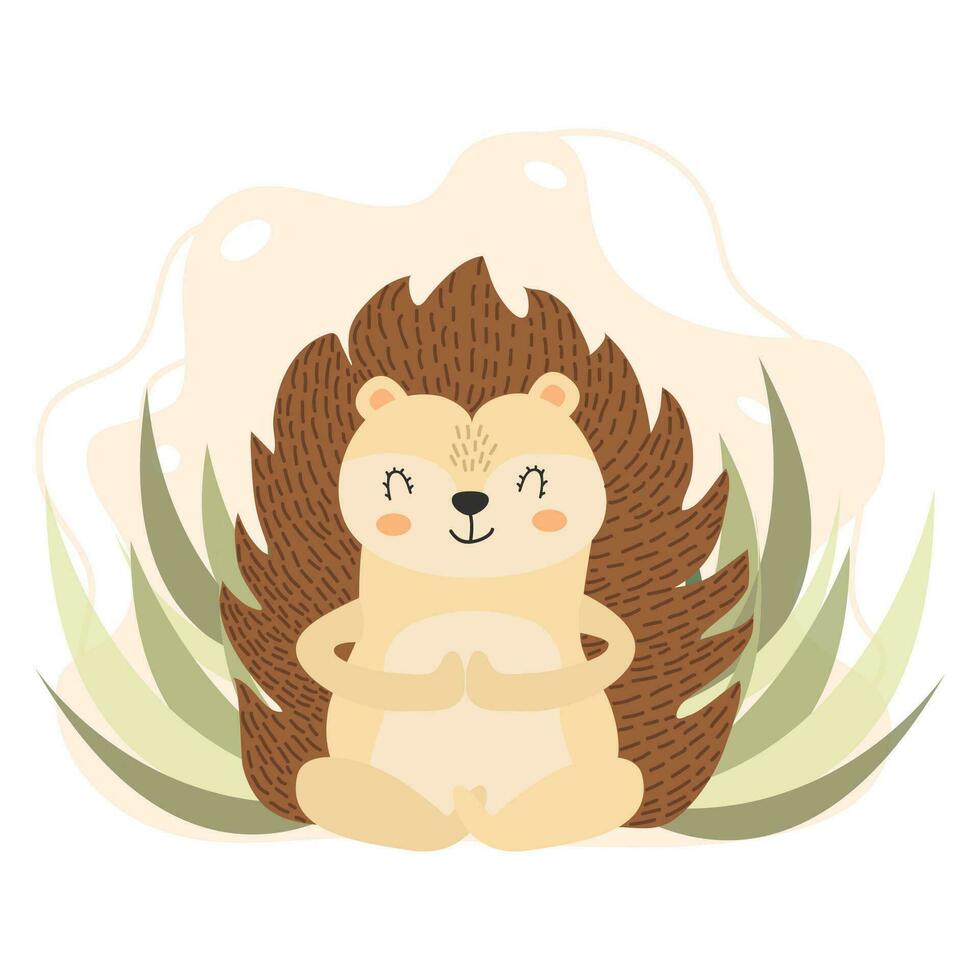 Hedgehog engaged in yoga. Vector illustration of a meditating animal. Forest animal. Cute hedgehog in cartoon style on the background of leaves. Creative illustration. T-shirt print. Isolated bg.