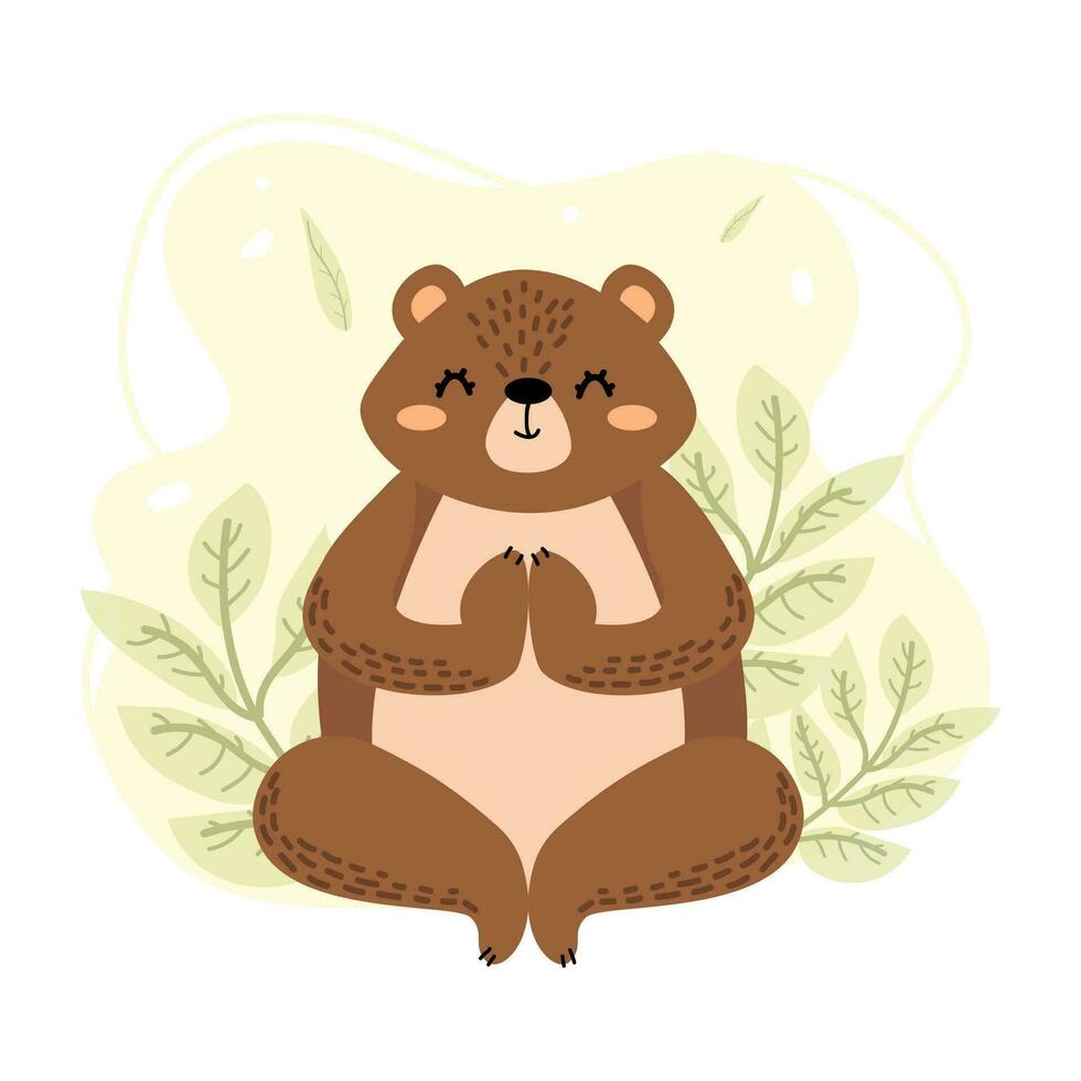 Bear doing yoga. Vector illustration of a meditating animal. Forest animal. Cute bear in cartoon style on the background of leaves. Creative illustration. T-shirt print. Isolated background.