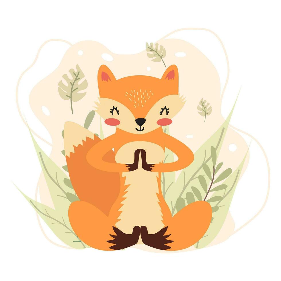 Fox is engaged in yoga. Vector illustration of a meditating animal. Forest animal. Cute fox in cartoon style on the background of leaves. Creative illustration. T-shirt print. Isolated background.