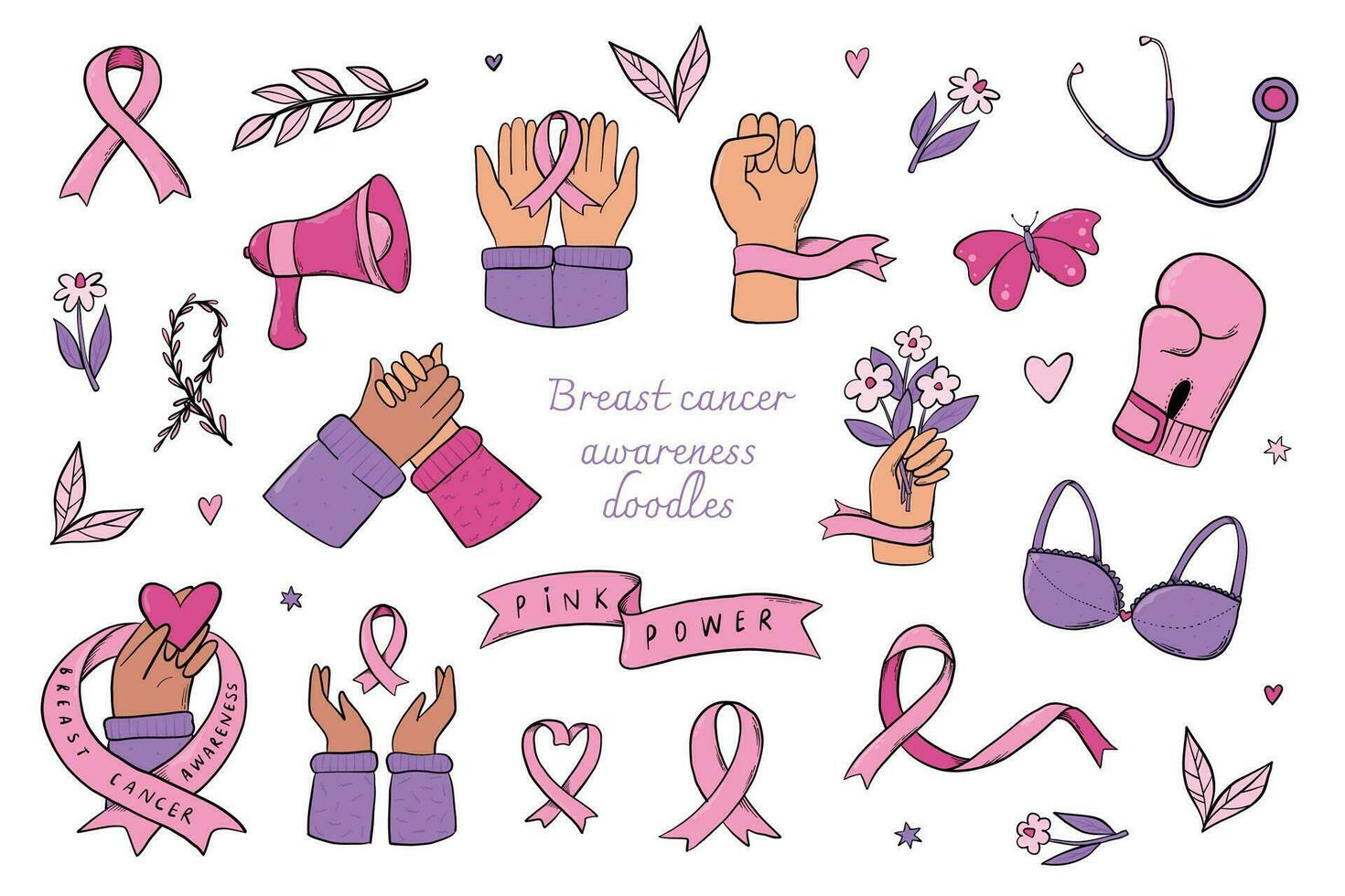 Breast cancer awarenes month set of doodles, cartoon elements, clip art for  stickers, prints, cards, social media decor, scrapbooking, etc. EPS 10  26757305 Vector Art at Vecteezy