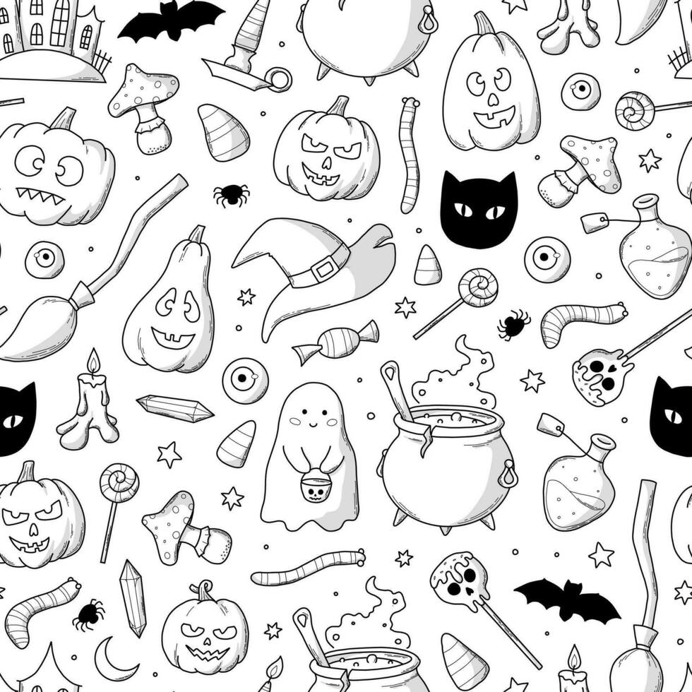 Halloween seamless pattern with doodles, cartoon elements for wallpaper, nursery prints, scrapbooking, stationary, wrapping paper, etc. EPS 10 vector