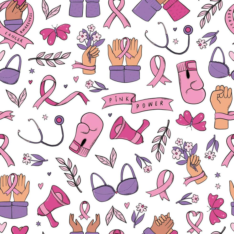 Breast cancer awareness seamless pattern with doodles for wallpaper, prints, backgrounds, packaging, wrapping paper, promotions, etc. EPS 10 vector