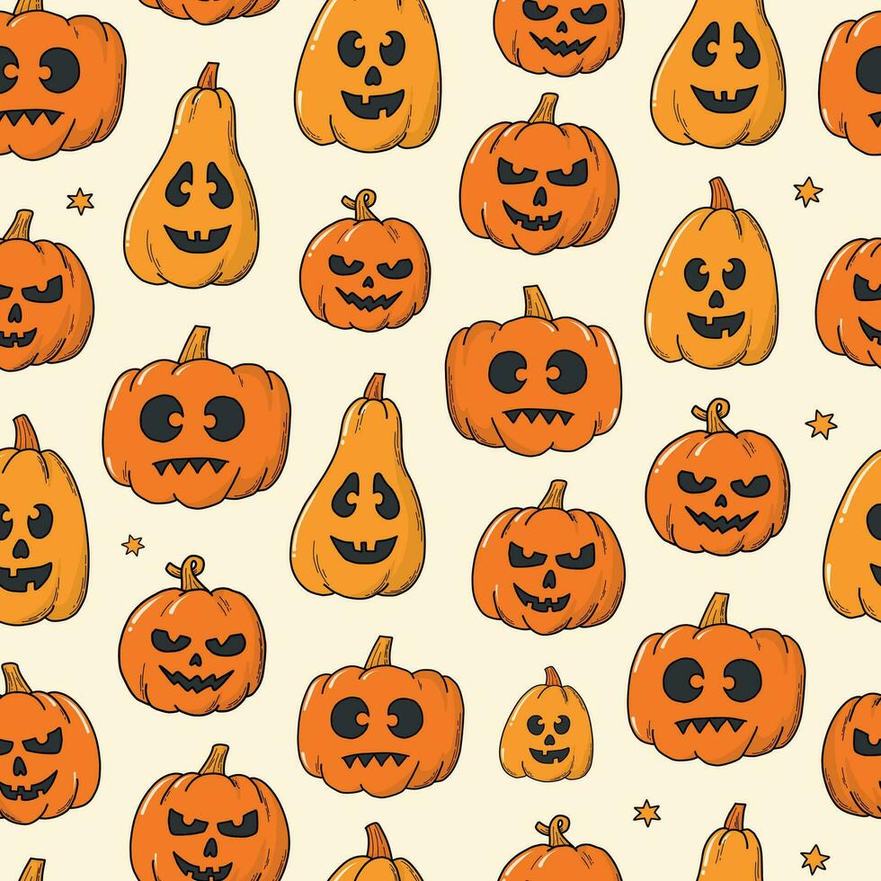 Halloween seamless pattern with doodles of jack o lanterns pumpkins for prints, cards, wallpaper, wrapping paper, textile, scrapbooking, stationary, backgrounds, etc. EPS 10 vector