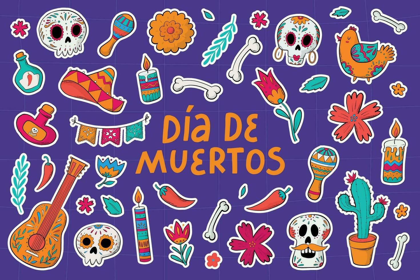 day of the dead doodles, pre made stickers with white edge, cartoon elements for prints, cards, stationary, planners, sublimation, etc. EPS 10 vector