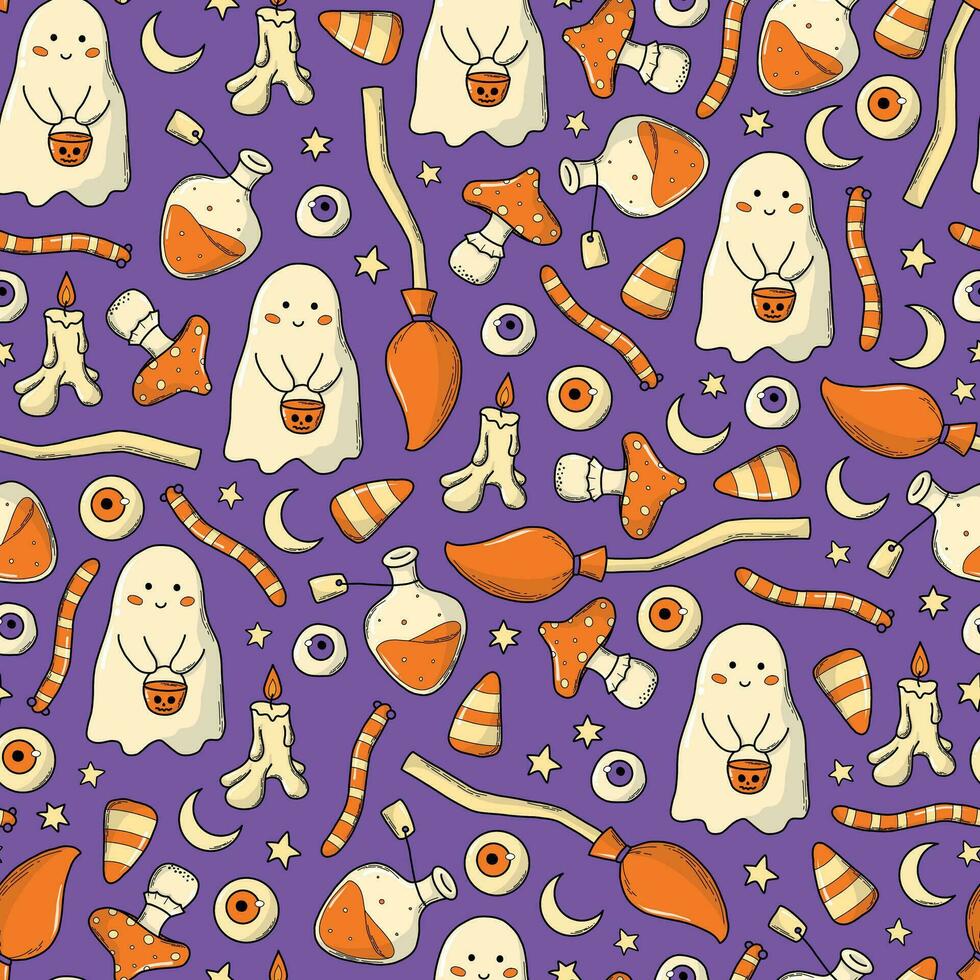 Halloween seamless pattern with doodles, cartoon elements for nursery prints, wallpaper, backgrounds, scrapbooking, stationary, wrapping paper, etc. EPS 10 vector