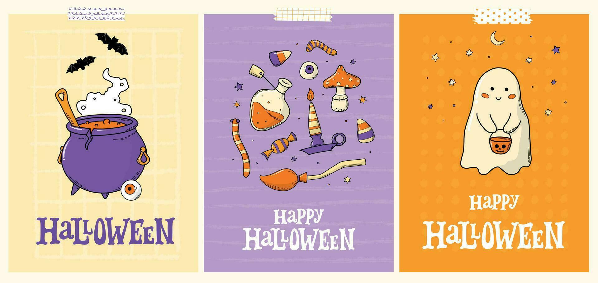 set of Halloween greeting cards, posters, prints, invitations, banners, etc decorated with lettering quotes and doodles. EPS 10 vector