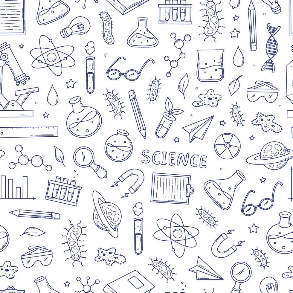 monochrome science seamless pattern with sketched doodles, cartoon elements for wallpaper, backgrounds, wrapping paper, packaging, prints, stationary, scrapbooking, etc. EPS 10 vector