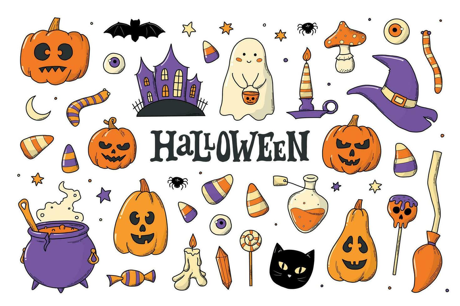 set of halloween doodles, cartoon elements, clip art isolated on white background. Good for prints, cards, stickers, signs, sublimation, scrapbooking, etc. EPS 10 vector