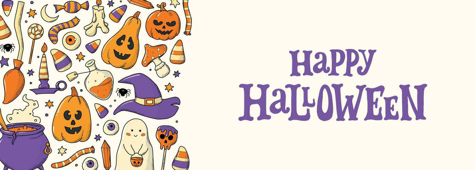 Halloween horizontal banner with lettering quote and doodles. Good for prints, cards, social media covers, wallpaper, invitations, etc. EPS 10 vector