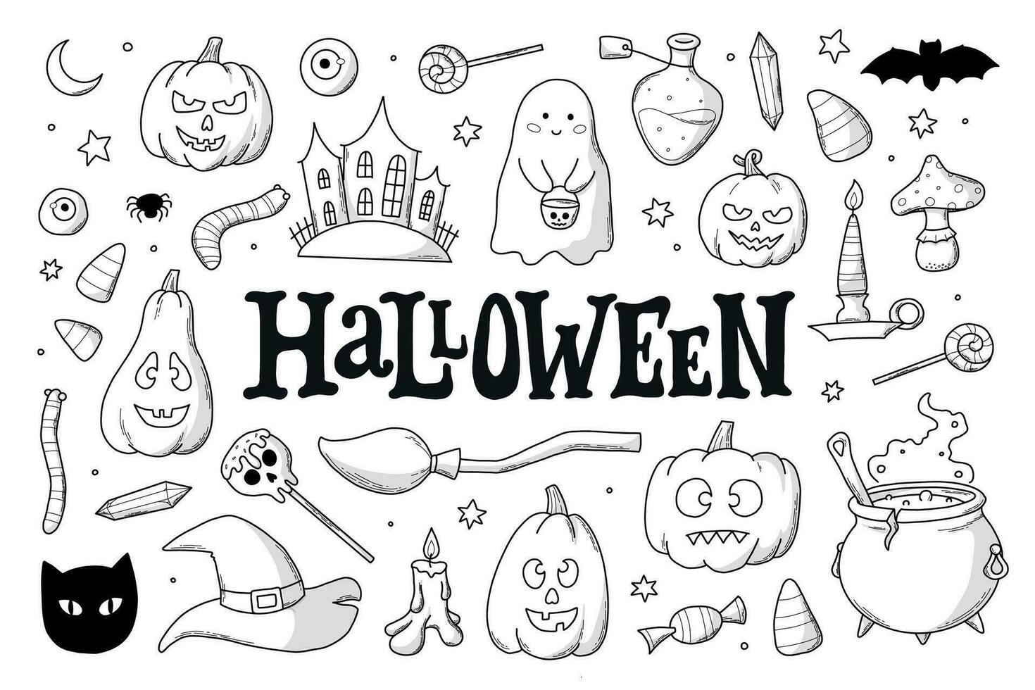 Halloween set of monochrome doodles, cartoon elements, clip art isolated on white background for prints, coloring books, icons, cards, stickers, etc, EPS 10 vector