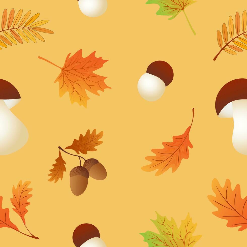 Autumn seamless pattern with maple leaves,acorns,oak leaves,rowan leaves,ceps. vector