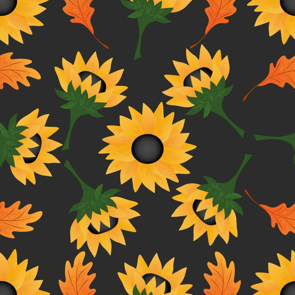 Autumn seamless pattern with oak leaves, sunflowers. vector