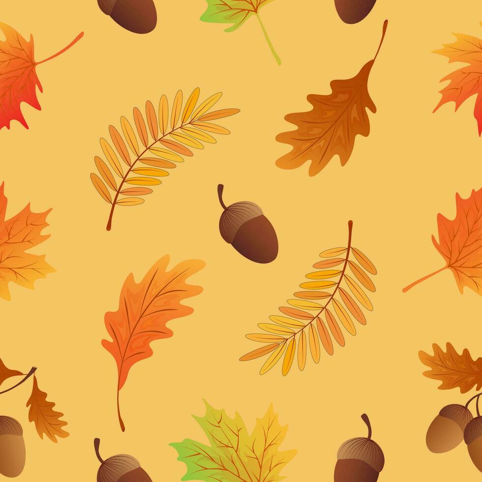 Autumn seamless pattern with maple leaves, acorns, oak leaves, rowan leaves. vector