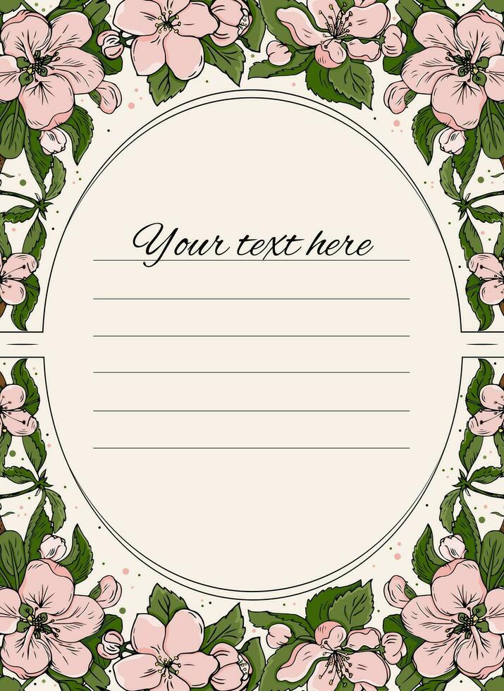 Floral invitation card. Pink cherry flowers and leaves frame. Hand drawn vector card for a text, greeting card, gift voucher, certificate, save the date.