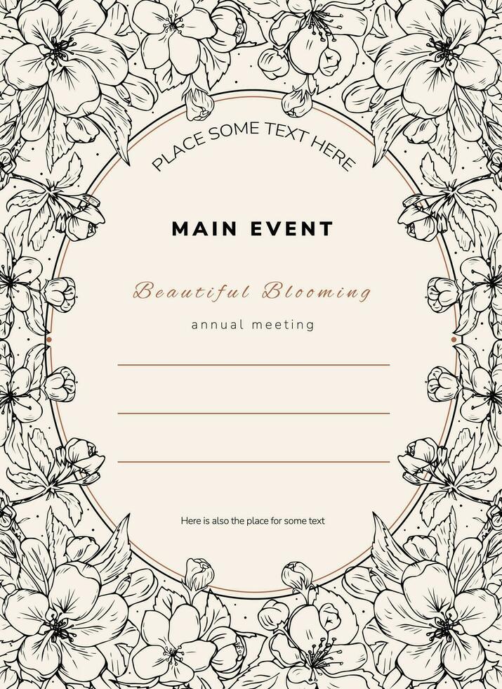 Ornate invitation card in vintage style. Hand drawn vector floral fram for text, invitation. Greeting card, gift card with cherry flowers.