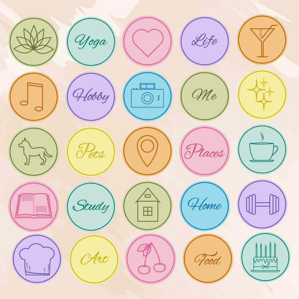 Instagram highlights covers in different colour. Icons for home, hobby, lifestyle, pets. vector
