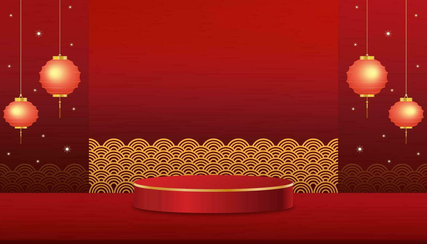 Happy Chinese New Year banner template,3D podium cylinder with red paper cut water wave pattern on wall background,Vector studio backdrop scene,Display circle stage stand for Christmas,Mid Autumn vector